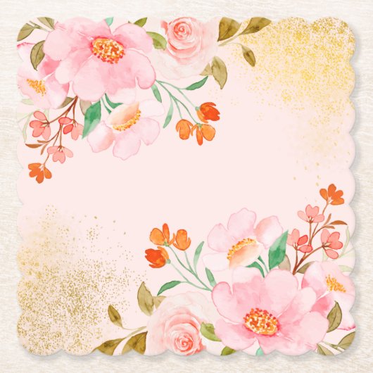 Elegant Soft Pastel Flowers with Gold Texture  ペーパーコースター (正面)