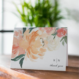 Elegant Soft Peach Floral Monogram Wedding サンキューカード