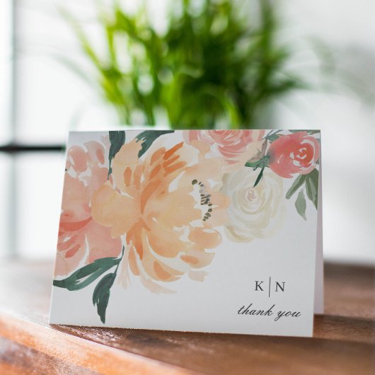 Elegant Soft Peach Floral Monogram Wedding サンキューカード