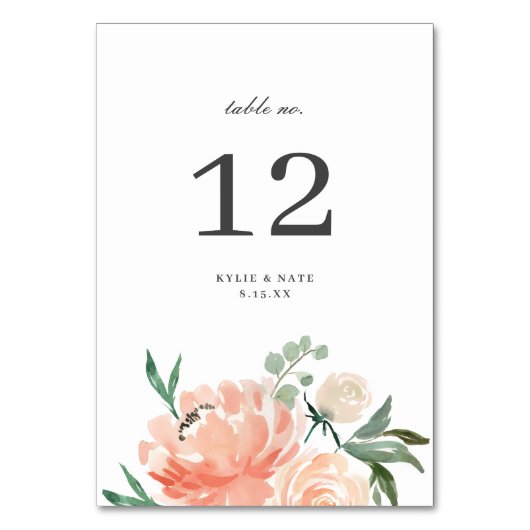 Elegant Soft Peach Watercolor Floral Wedding テーブルナンバー (正面)