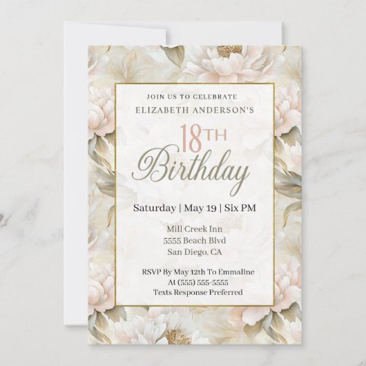 Elegant Soft Pink Ivory Peony 18th Birthday  招待状 (正面)