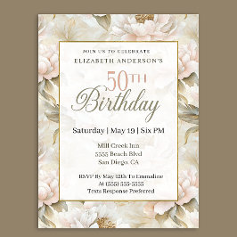 Elegant Soft Pink Ivory Peony 50th Birthday  招待状