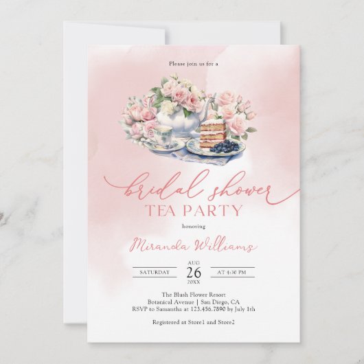 Elegant Soft Pink Roses Bridal Shower Tea Party 招待状 (正面)