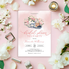 Elegant Soft Pink Roses Bridal Shower Tea Party 招待状