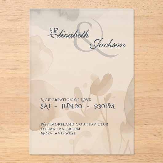 Elegant Soft Romantic Botanical Script Wedding  アクリル招待状 (正面)