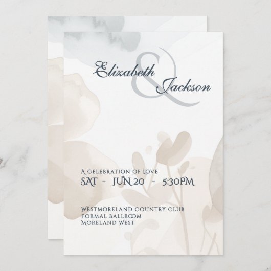 Elegant Soft Romantic Botanical Script Wedding  招待状 (正面/裏面)