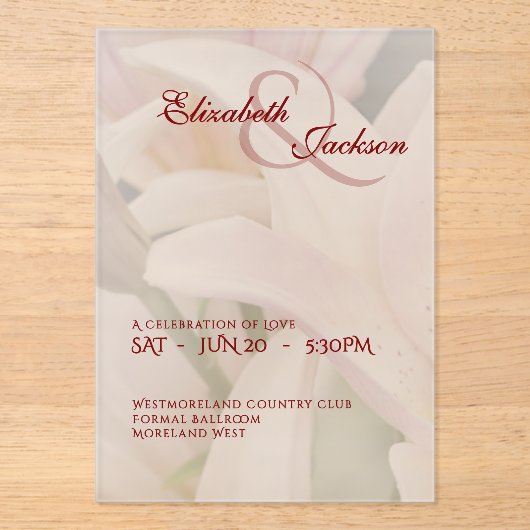 Elegant Soft Romantic Floral Lily Script Wedding アクリル招待状 (正面)