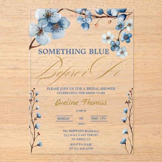 Elegant Something Blue Before I Do ブライダルシャワー アクリル招待状 (正面)