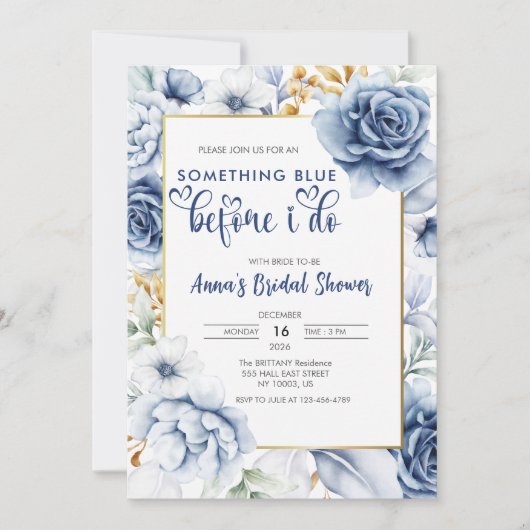Elegant Something Blue Before I Do Bridal Shower 招待状 (正面)