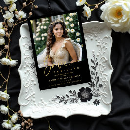 Elegant Spanish Black Trendy Quinceañera Photo セーブザデート