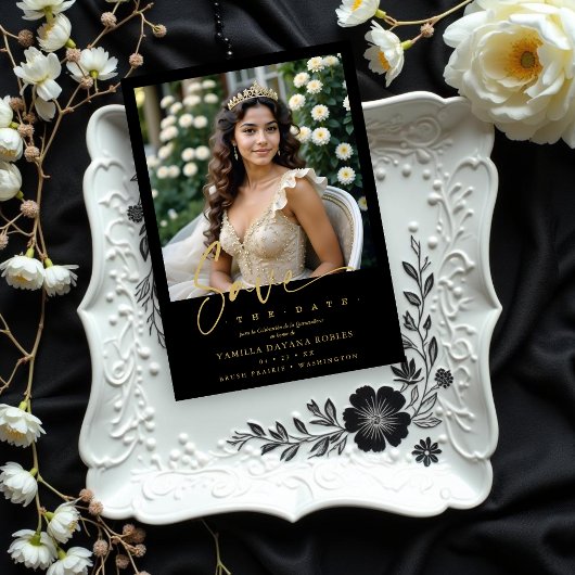 Elegant Spanish Black Trendy Quinceañera Photo セーブザデート