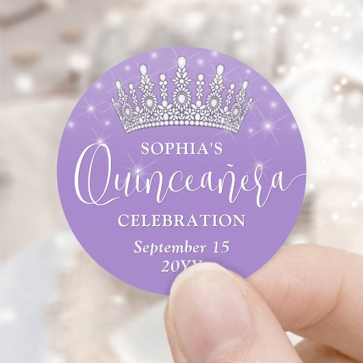 Elegant Sparkles Quinceañera Crown Lilac Purple ラウンドシール