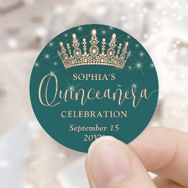 Elegant Sparkles Rose Gold Quinceañera Crown Green ラウンドシール