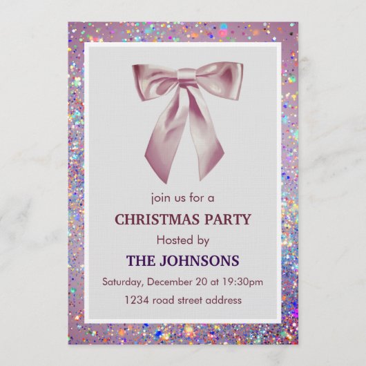 Elegant Sparkling Bow Christmas Party Invitation 招待状 (正面)