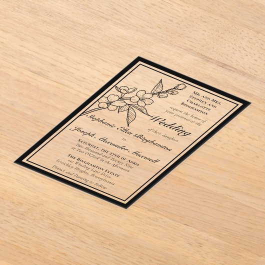 Elegant Spring Blossoms Black White Formal Wedding アクリル招待状 (レイダウン)