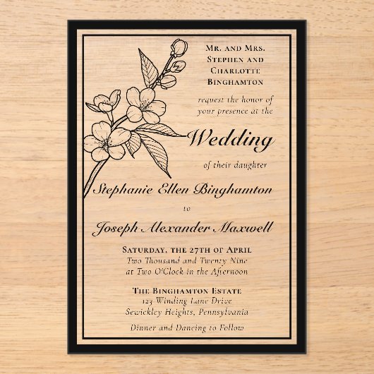 Elegant Spring Blossoms Black White Formal Wedding アクリル招待状 (正面)