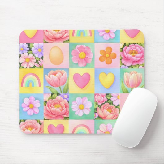 Elegant Spring Blossoms Heart Checkerboard Pattern マウスパッド (マウス)