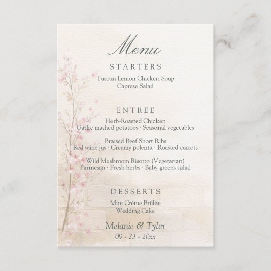 Elegant Spring Botanical Wedding Menu Card エンクロージャーカード (正面)
