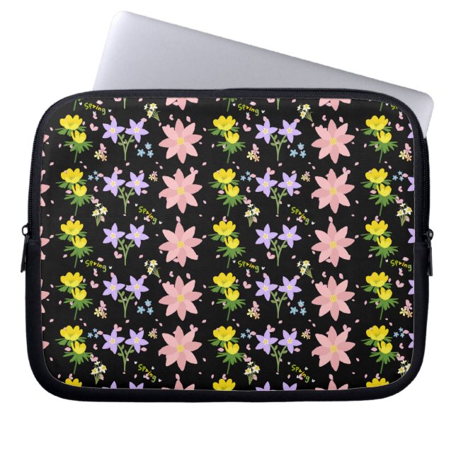 Elegant Spring Floral Pattern on Black - Laptop Sl ラップトップスリーブ (正面)