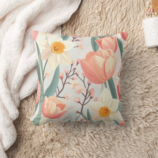 Elegant Spring Floral Pillow – Pastel Tulips クッション (ブランケット)