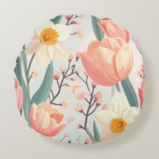 Elegant Spring Floral Pillow – Pastel Tulips ラウンドクッション (正面)