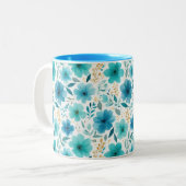 Elegant Spring Flowers Blue Watercolor Floral ツートーンマグカップ (正面左)