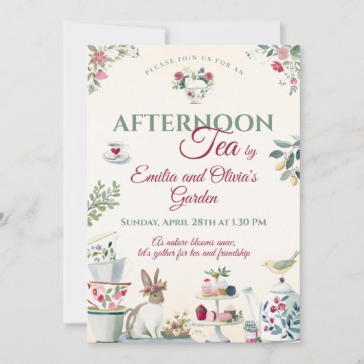Elegant Spring Garden Afternoon Tea Party 招待状 (正面)