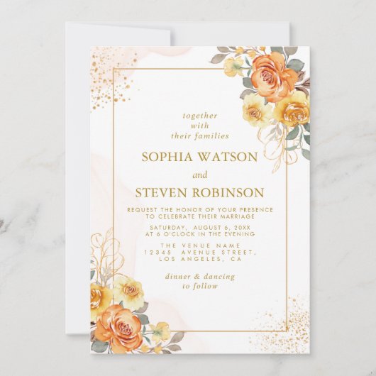 Elegant spring orange flowers with Golden tones 招待状 (正面)