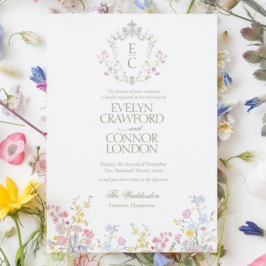 Elegant Spring Summer Wildflowers Crest Wedding 招待状