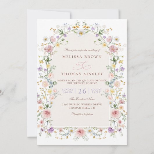 Elegant Spring Wildflower Meadow QR Code Wedding 招待状 (正面)