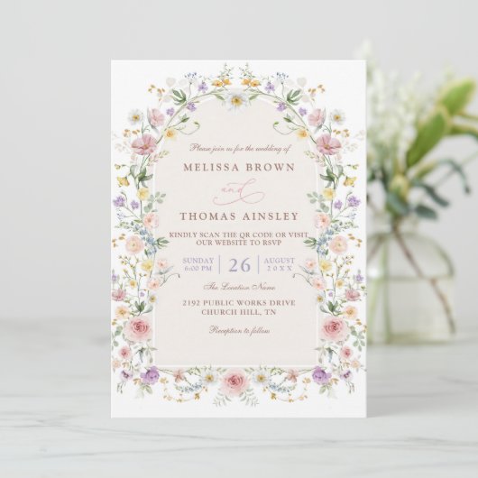 Elegant Spring Wildflower Meadow QR Code Wedding 招待状 (スタンド正面)