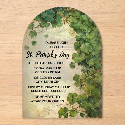 Elegant St. Patrick’s Day Green Clover Invitation  アクリル招待状 (正面)