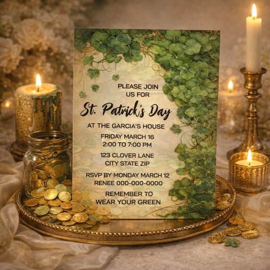 Elegant St. Patrick’s Day Green Clover Invitation  招待状