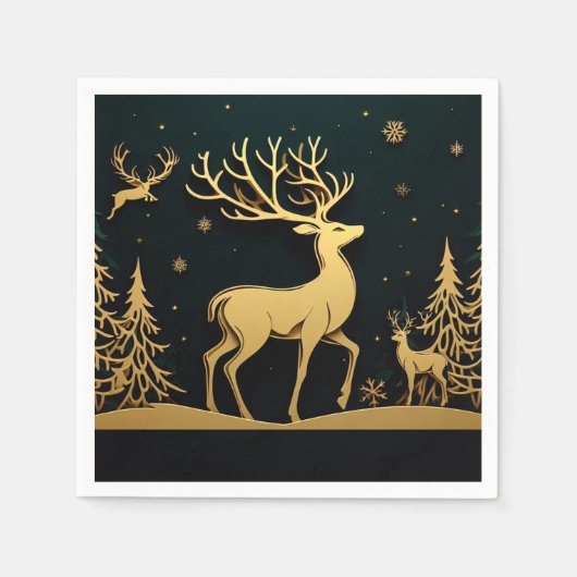 Elegant Stag – Golden Forest Silhouette スタンダードカクテルナプキン (正面)