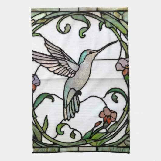 Elegant stain glass art nouveau hummingbird キッチンタオル (縦)