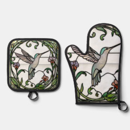 Elegant stain glass art nouveau hummingbird 鍋つかみ&鍋敷きセット