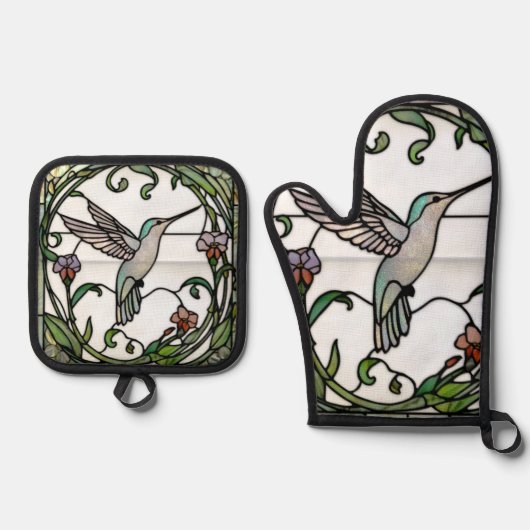 Elegant stain glass art nouveau hummingbird 鍋つかみ&鍋敷きセット (正面)