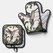 Elegant stain glass art nouveau hummingbird 鍋つかみ&鍋敷きセット (正面/裏面)