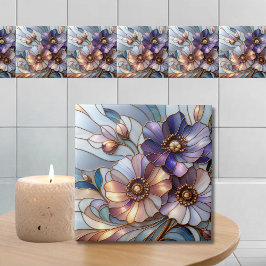 Elegant Stained Glass Floral Design in Soft Pastel タイル