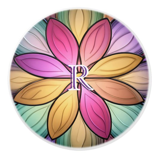 Elegant Stained‑Glass Floral Monogram Initial セラミックノブ (正面)
