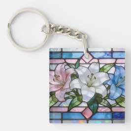 Elegant Stained Glass Lily Floral Design in Soft P キーホルダー