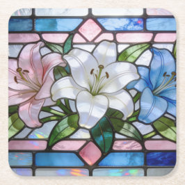 Elegant Stained Glass Lily Floral Design in Soft P スクエアペーパーコースター