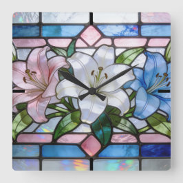 Elegant Stained Glass Lily Floral Design in Soft P スクエア壁時計