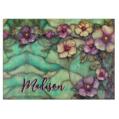 Elegant Stained glass purple flowers turquoise カッティングボード (正面)