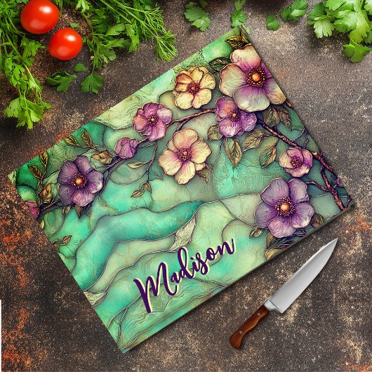 Elegant Stained glass purple flowers turquoise カッティングボード