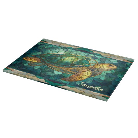 Elegant stained glass turtle personalized カッティングボード (角)