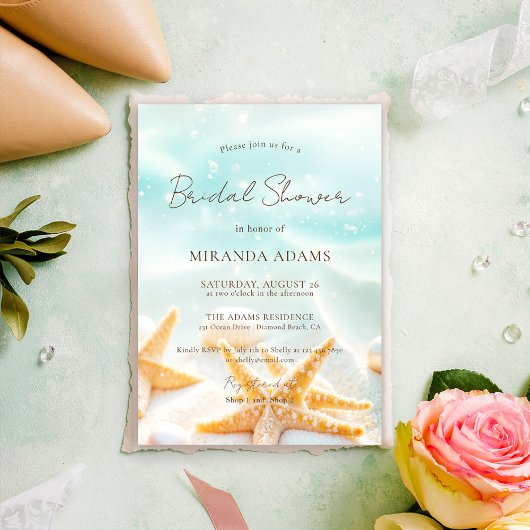 Elegant Starfish Shell Ocean Beach Bridal Shower 招待状