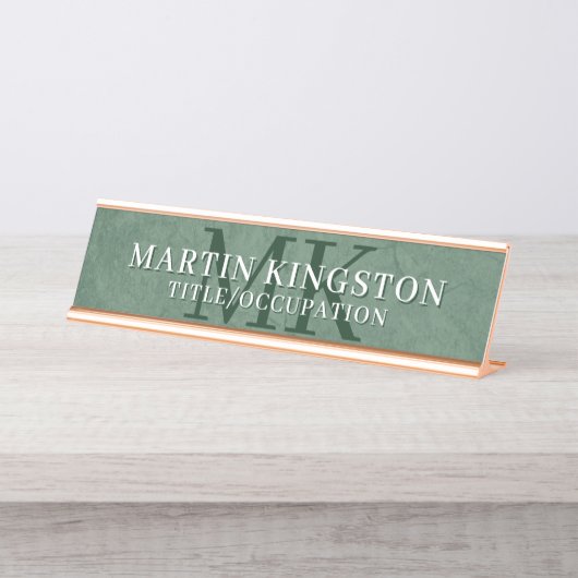 Elegant Stone Texture Dark Green Monogram Name デスクネームプレート (正面)