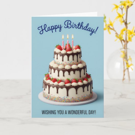 Elegant Strawberry Drip Cake – Happy Birthday Card カード (黄色い花)