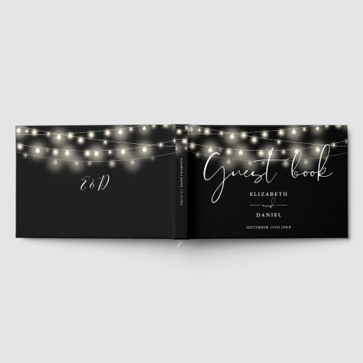 Elegant String Lights Black And White Wedding ゲストブック (全面)